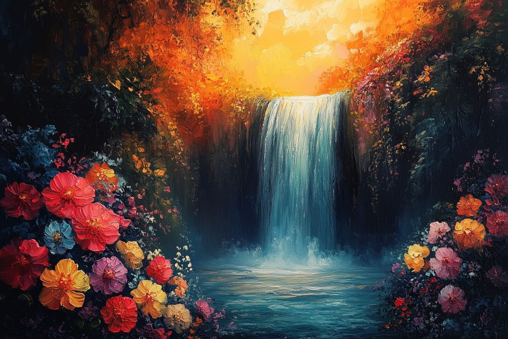 Kleurrijke waterval in tuin behang