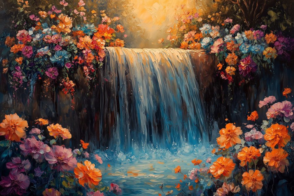 Kleurrijke watervalbloementuin behang