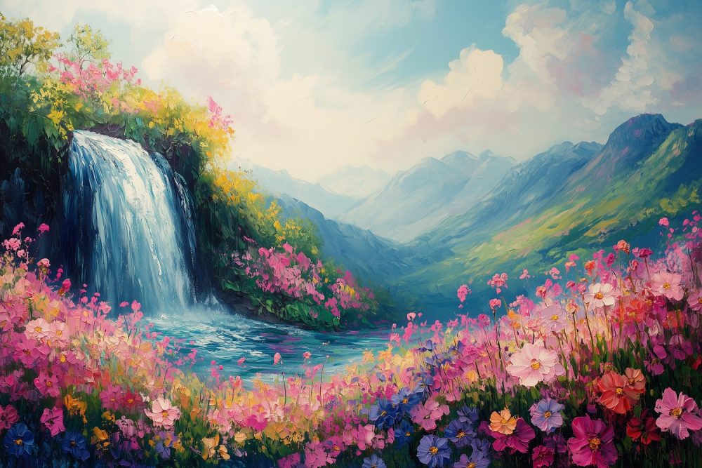 Kleurrijke waterval en bloemen behang