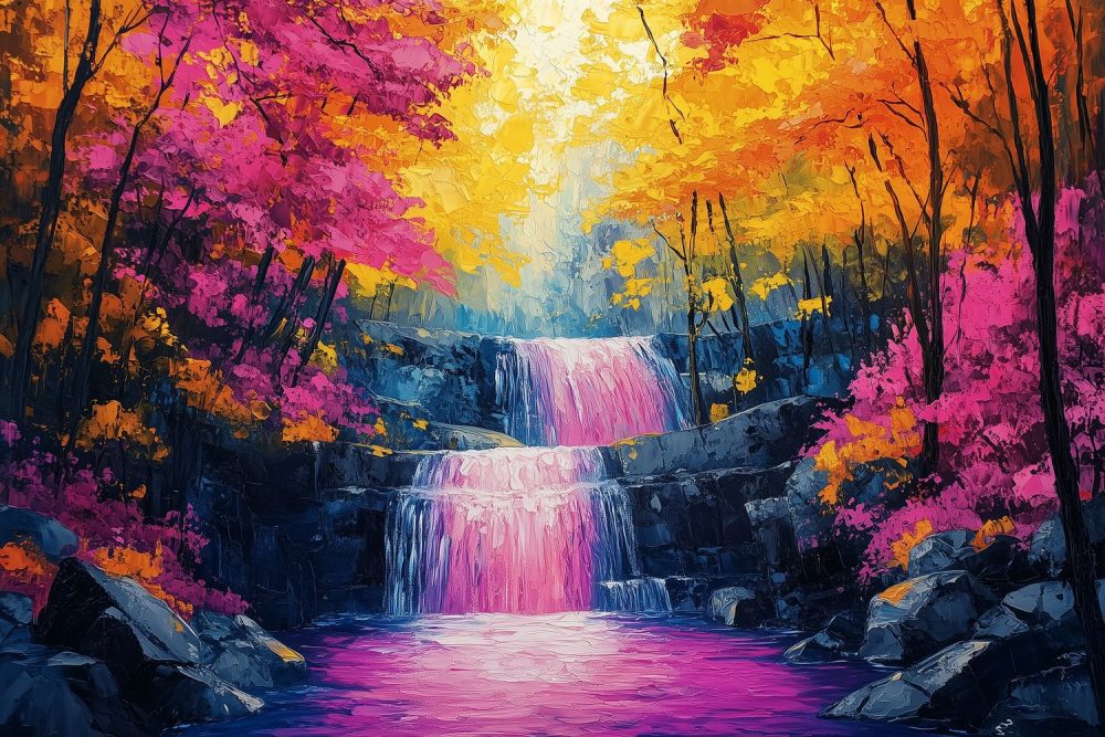 Kleurrijk waterval boslandschap behang