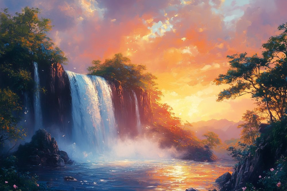 Zonsondergang bij waterval behang