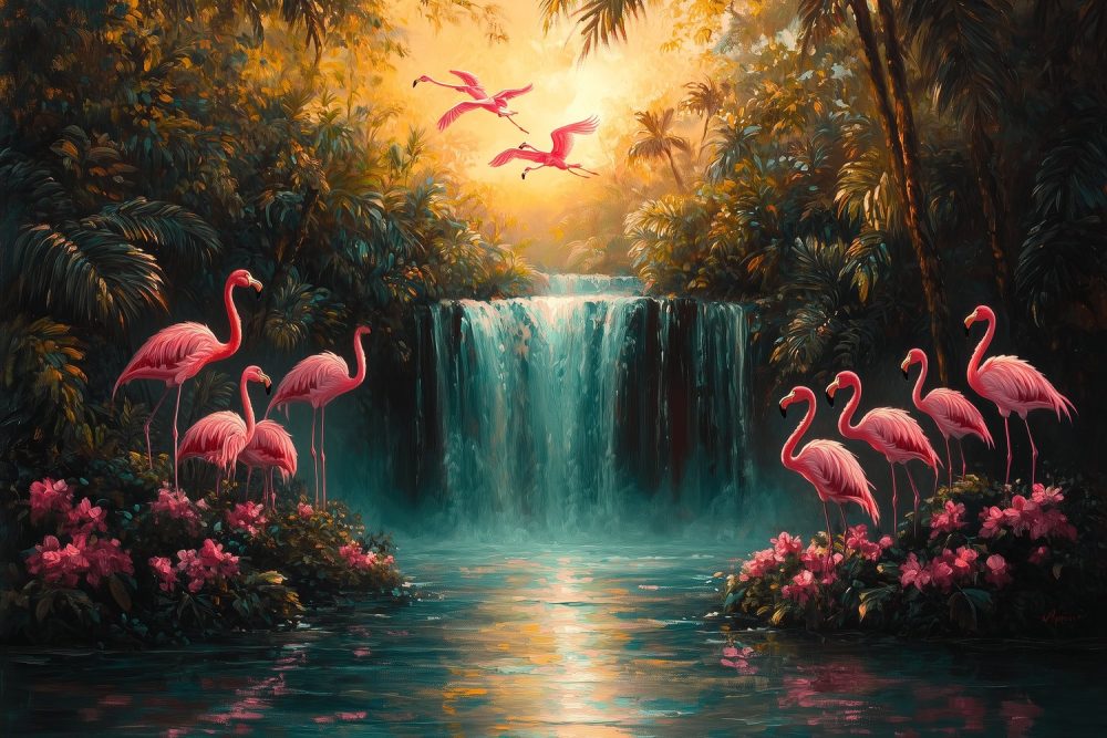 Rustige waterval met flamingo’s behang