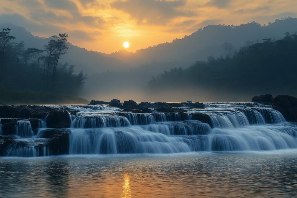 Gouden waterval bij zonsondergang behang