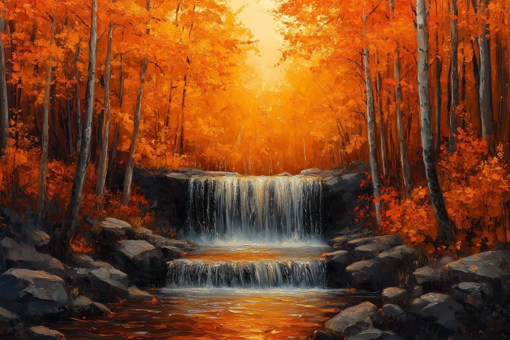 Oranje waterval in bos behang