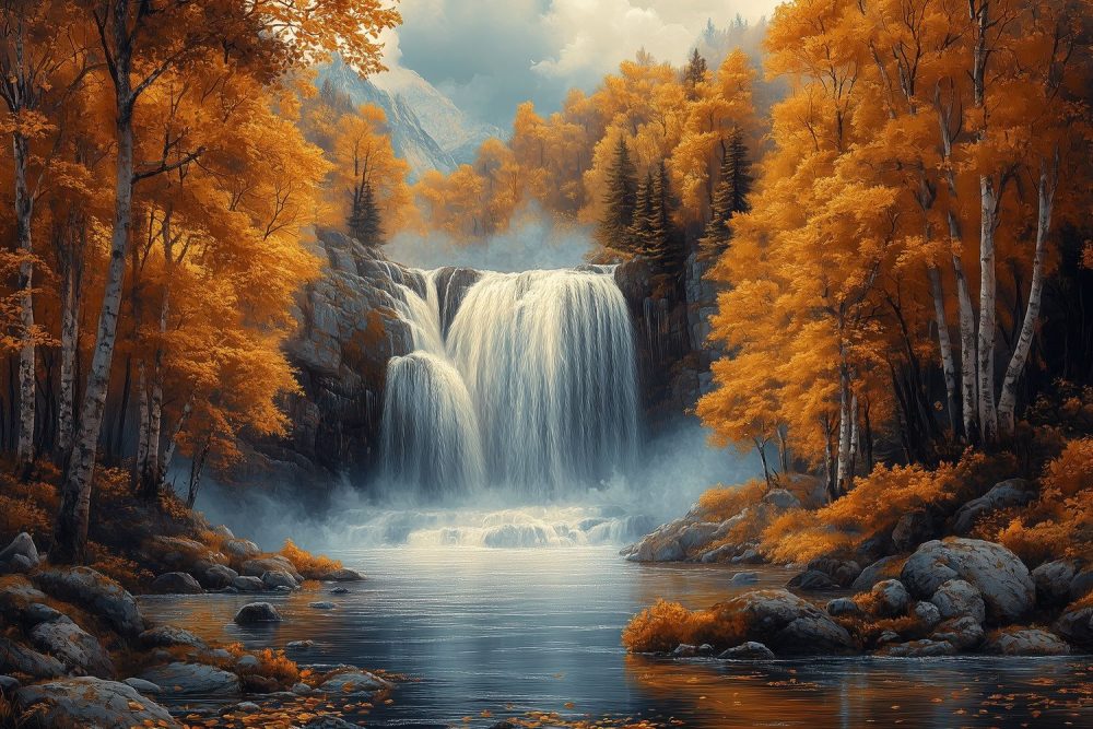 Betoverend herfstwaterval landschap behang