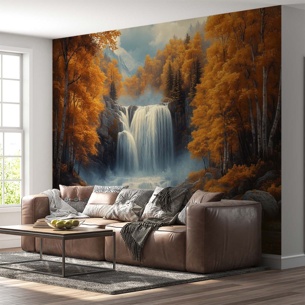 Alternative view of Betoverend herfstwaterval landschap behang