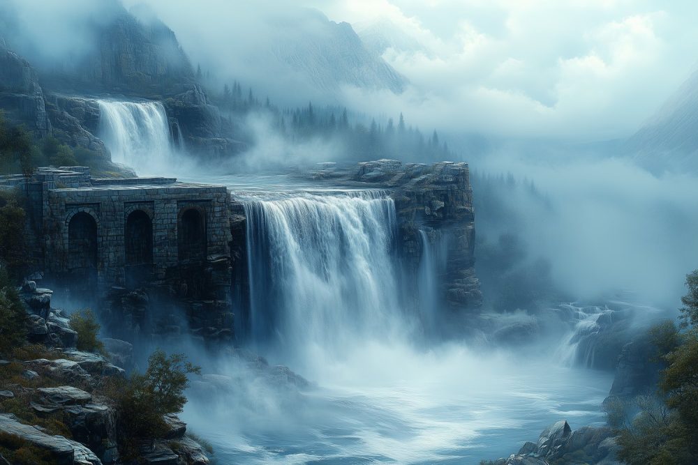 Mysterieuze waterval in mist behang