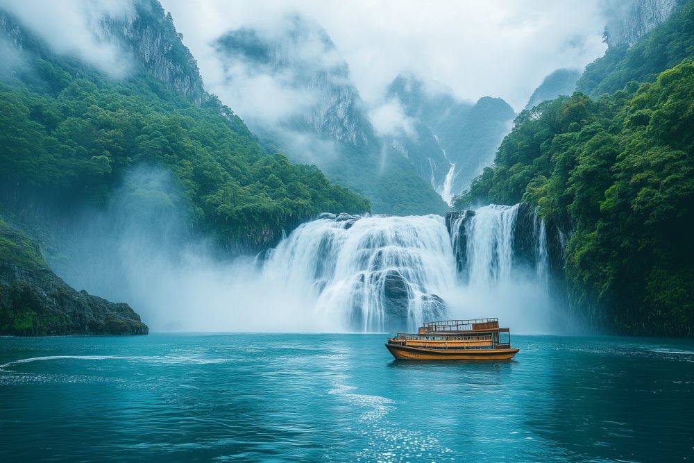 Rustige boot op rivier behang