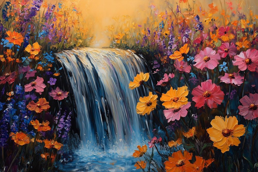 Kleurrijke watervalbloementuin behang