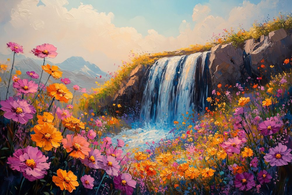 Kleurrijke waterval natuurtafereel behang