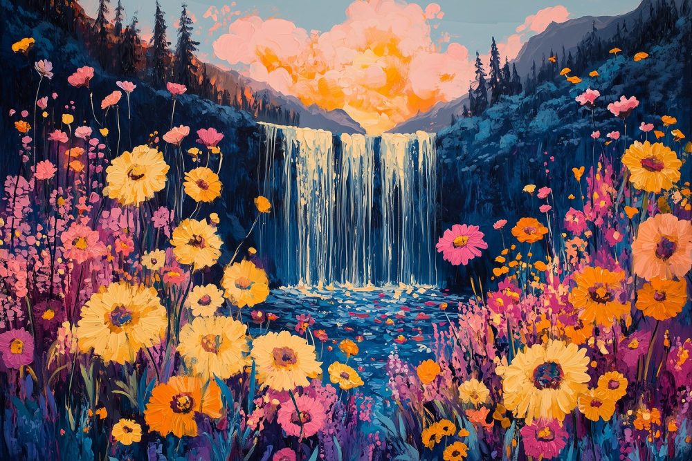 Kleurrijke watervalbloemenlandschap behang