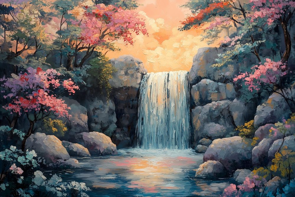 Kleurrijk watervalwoud behang