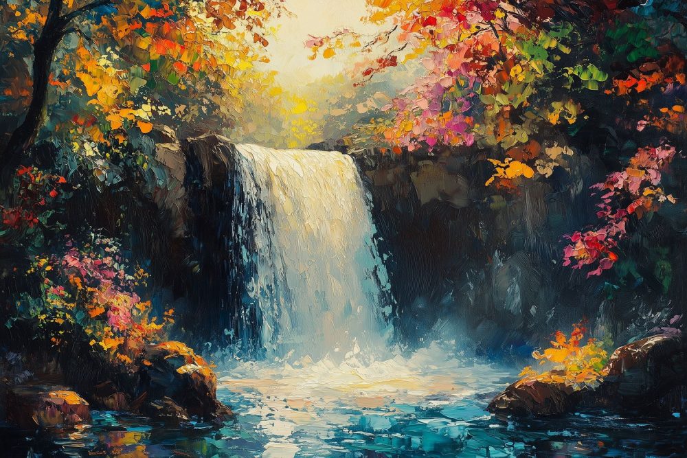 Levendige waterval schildering behang