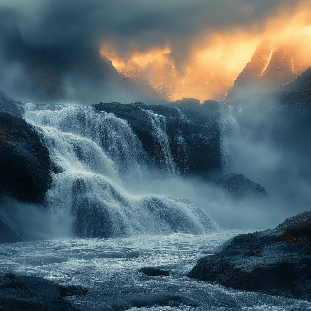 Betoverende waterval zonsondergang behang