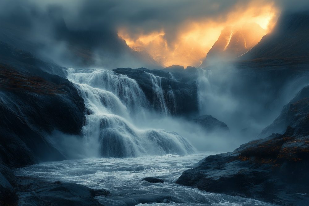 Betoverende waterval zonsondergang behang