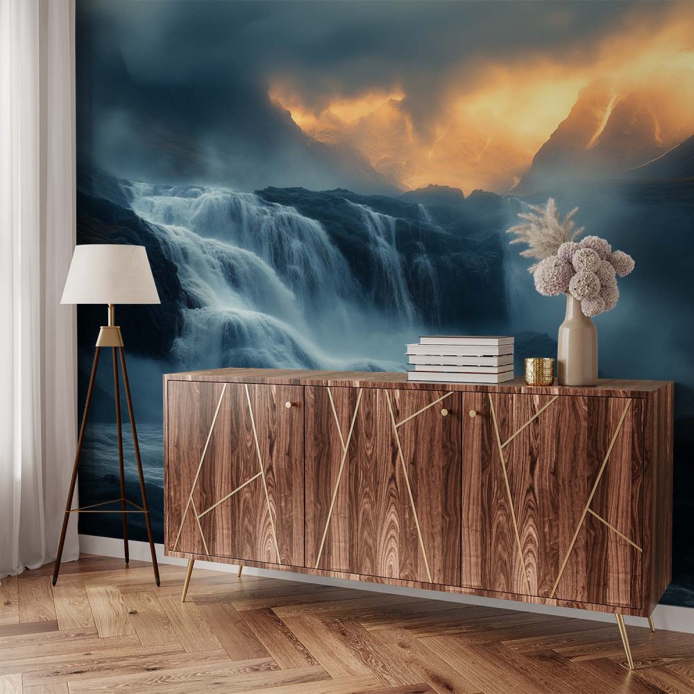 Alternative view of Betoverende waterval zonsondergang behang