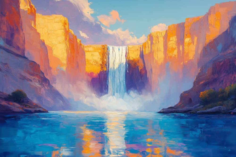 Impressionistische waterval schildering behang