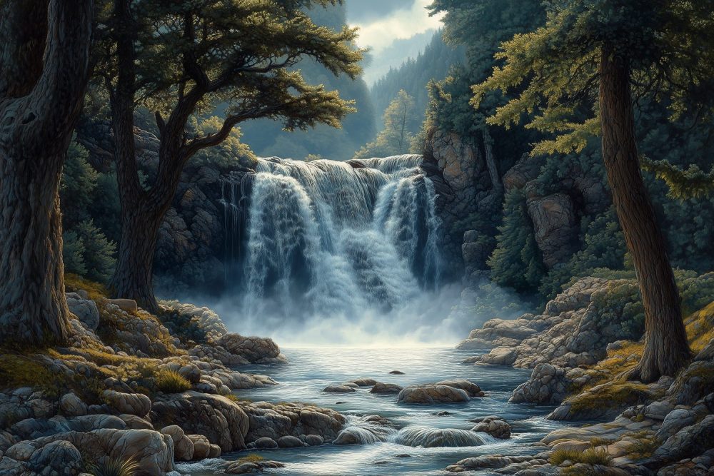 Majestueuze waterval in bos behang