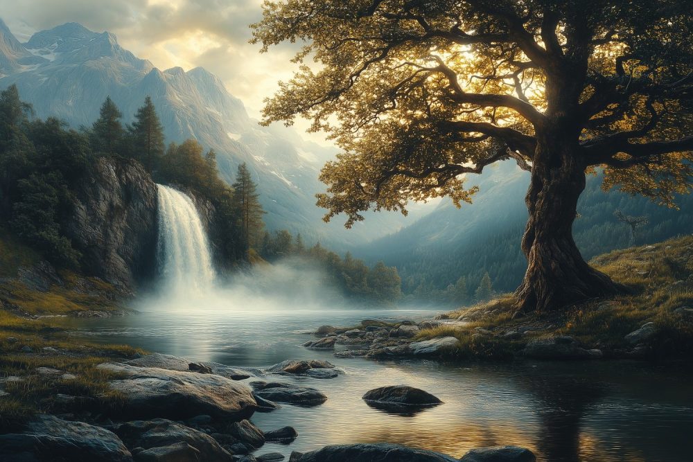 Mysterieuze waterval in bos behang