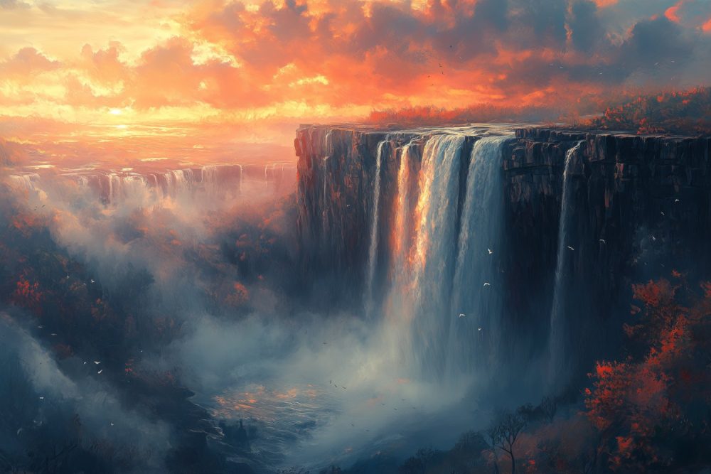 Majestueuze waterval zonsondergang behang