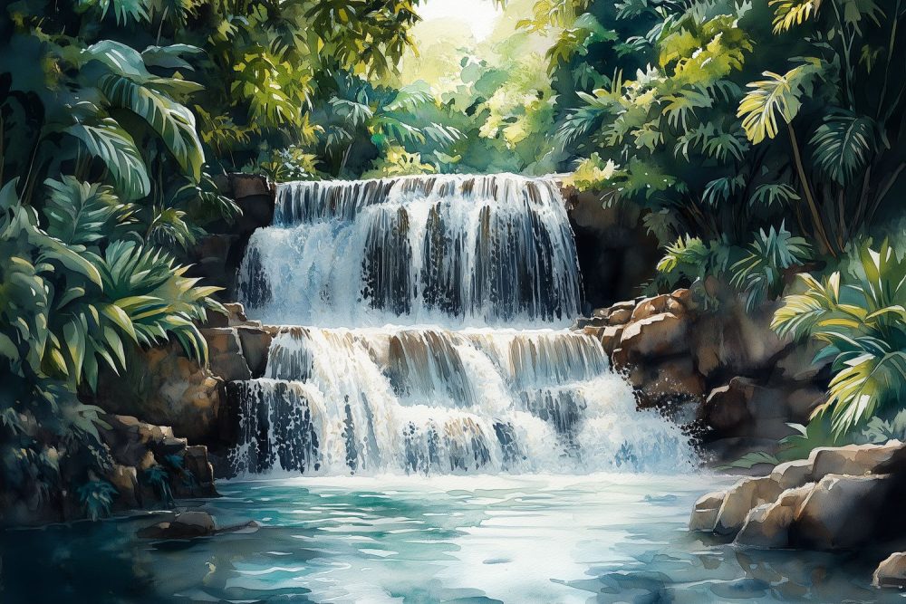 Waterval in Waterverf behang