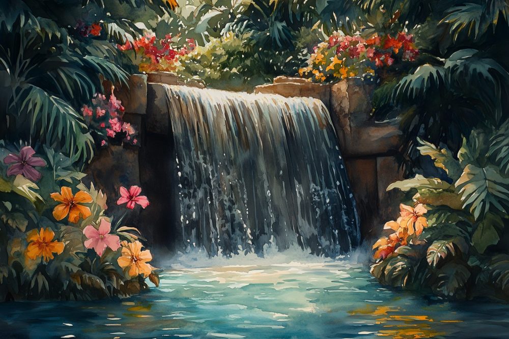 Tropische Waterval Waterverfschilderij behang