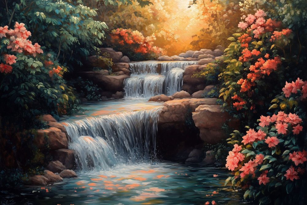 Rustige waterval in bos behang