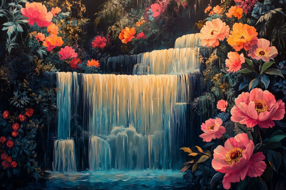 Kleurrijke waterval in bloei behang