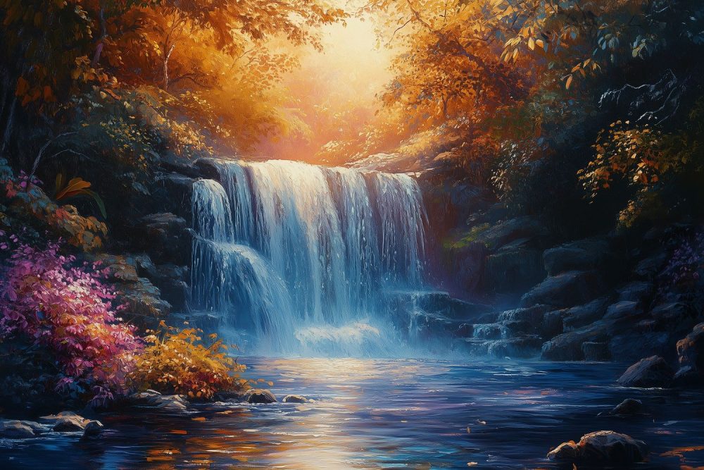 Rustgevend waterval boslandschap behang