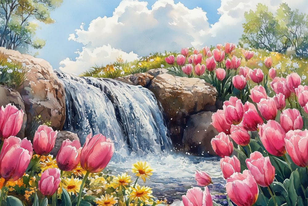 Tranquille watervalbloemenscène behang
