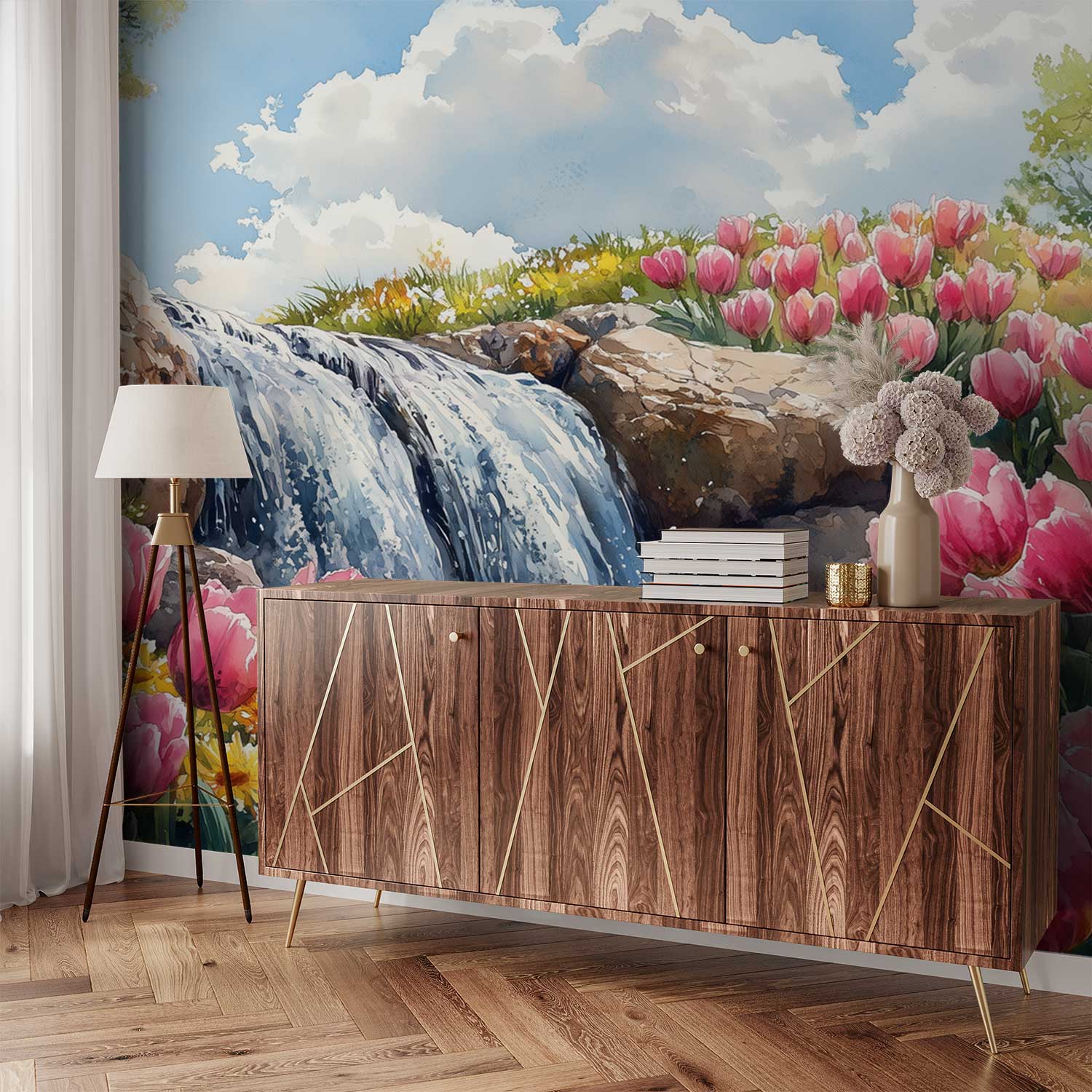 Tranquille watervalbloemenscène behang - Afbeelding 2