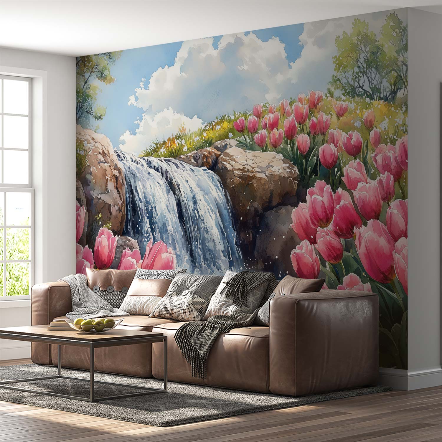 Tranquille watervalbloemenscène behang - Afbeelding 4