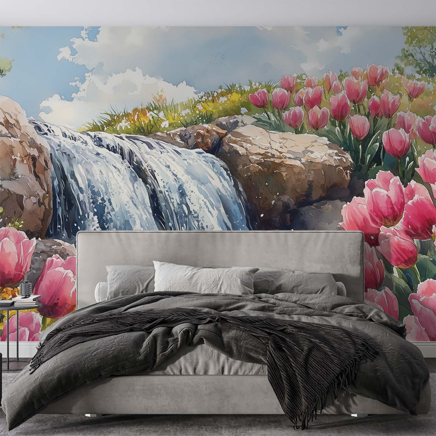 Tranquille watervalbloemenscène behang - Afbeelding 3