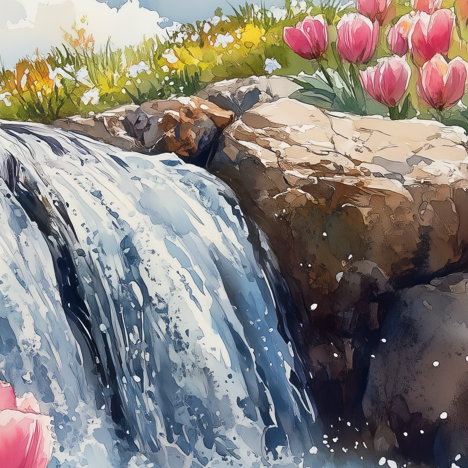 Tranquille watervalbloemenscène behang - Afbeelding 5