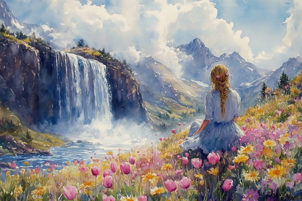 Vrouw bij waterval behang
