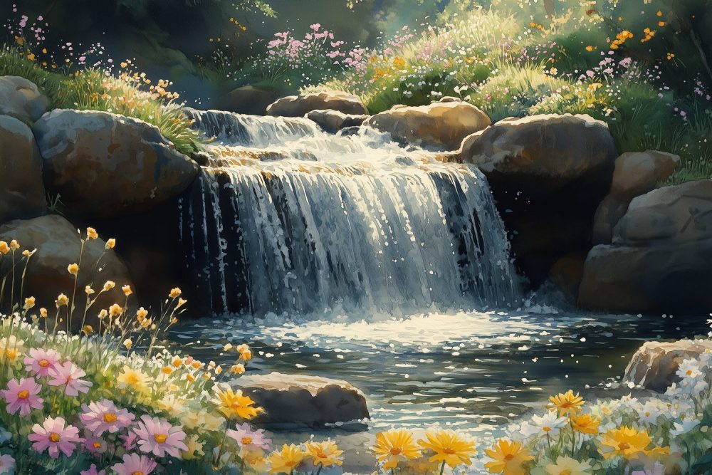 Dromerig waterval waterverfschilderij behang