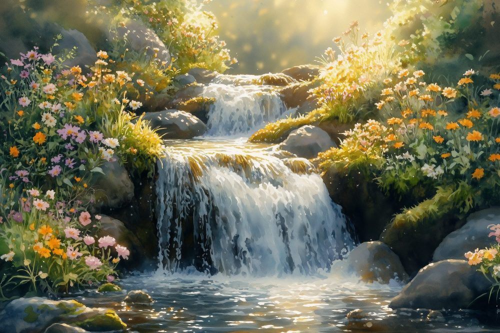 Bloemrijke waterval schildering behang