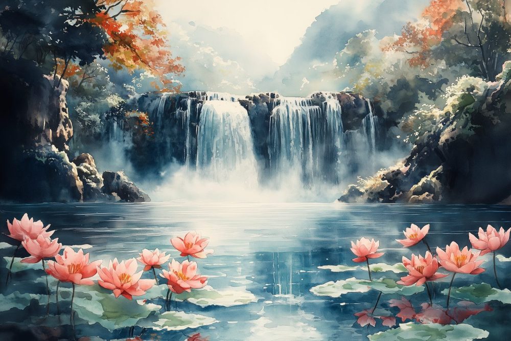 Mistige waterval in bos behang