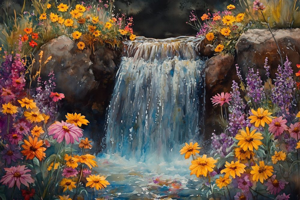 Tranquille waterval waterverfschilderij behang