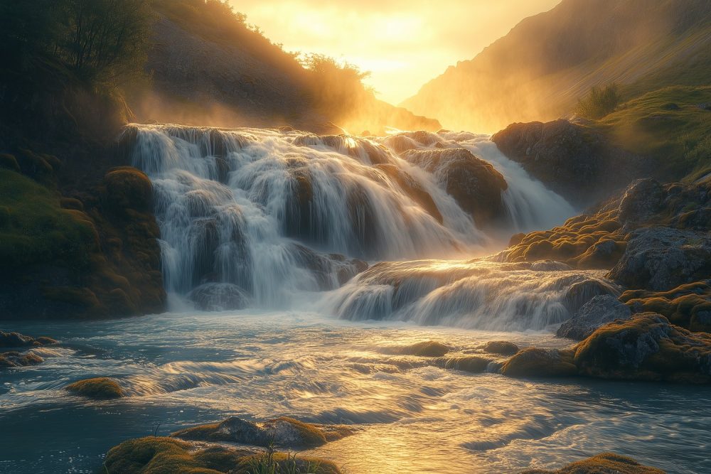 Zonnige waterval in natuur behang