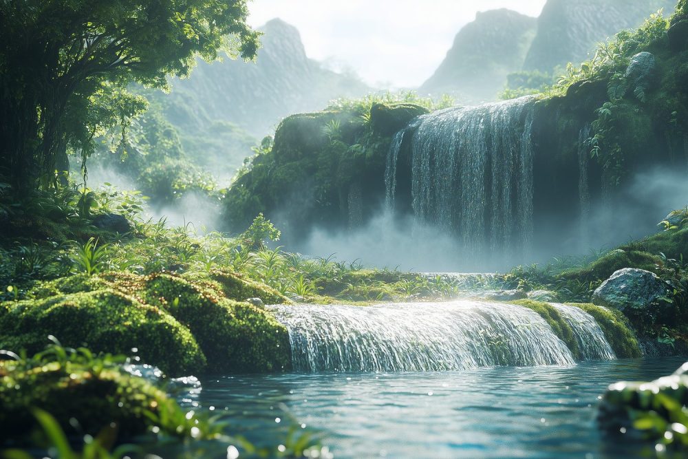 Vredige waterval in natuur behang