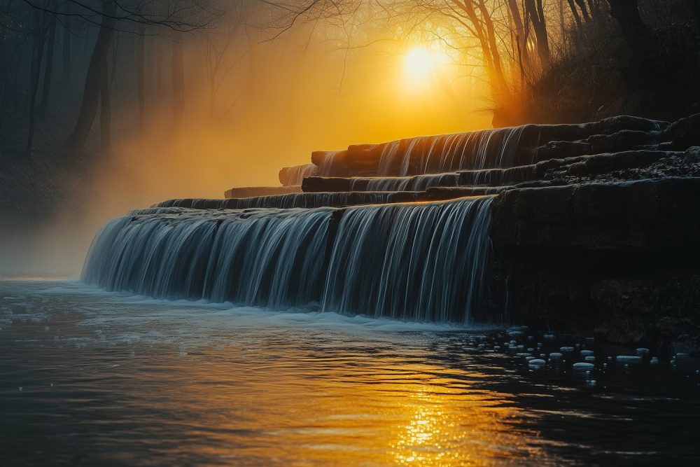 Zonnige waterval in bos behang
