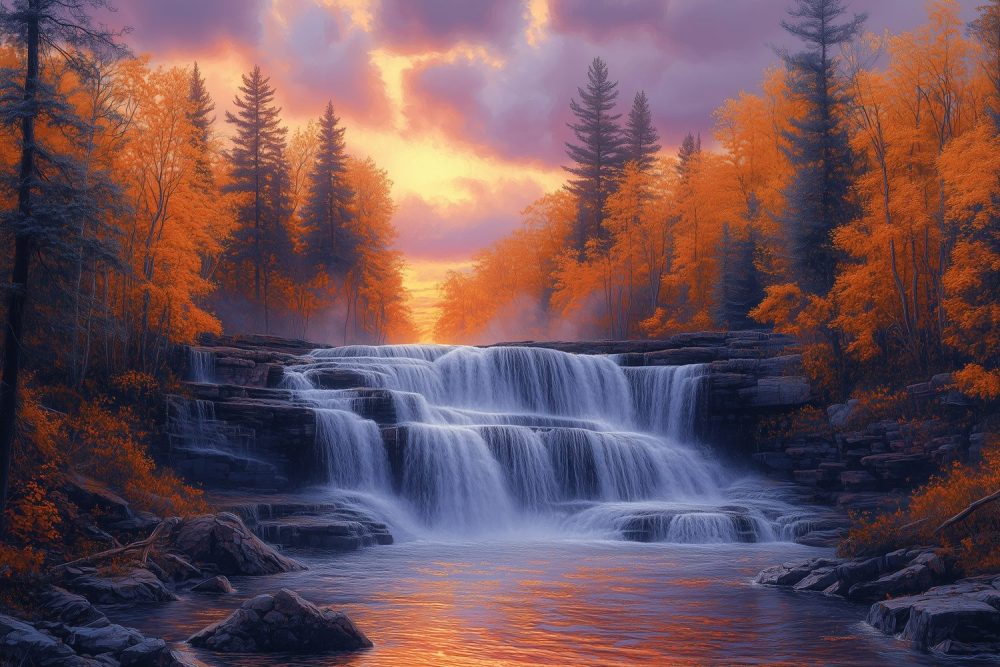 Mistige waterval bij zonsondergang behang