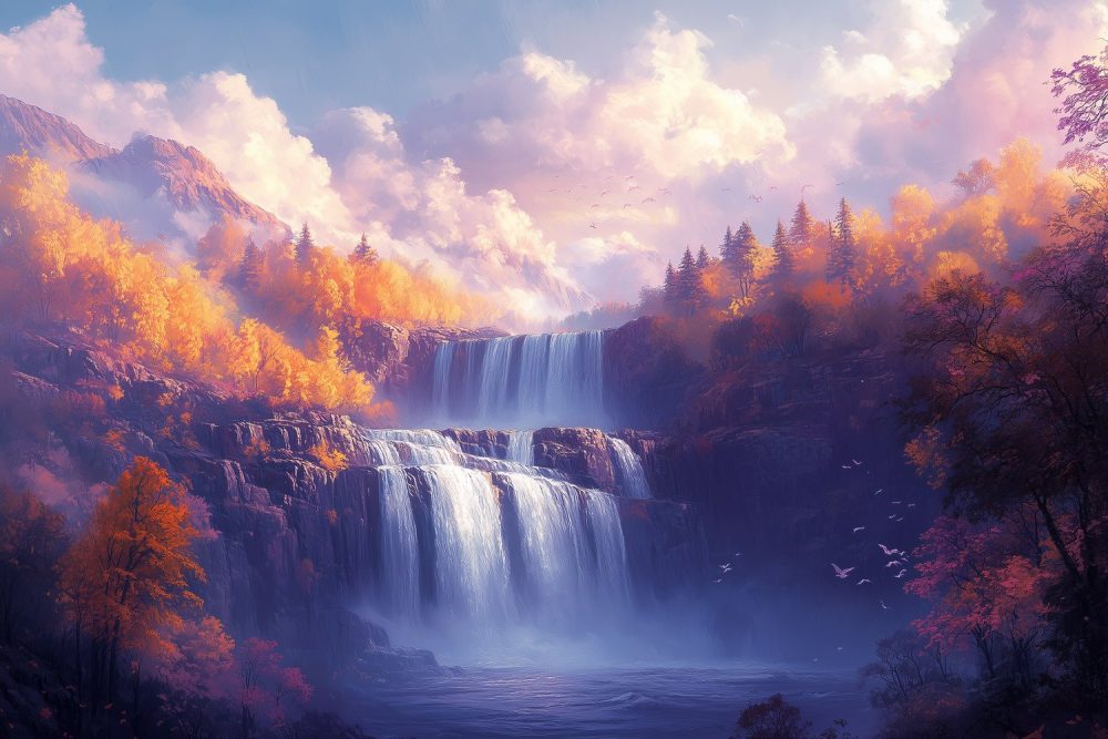 Betoverend waterval natuurschilderij behang