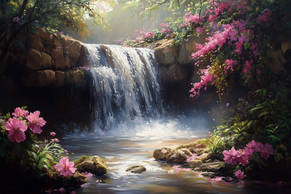 Serene waterval met bloemen behang