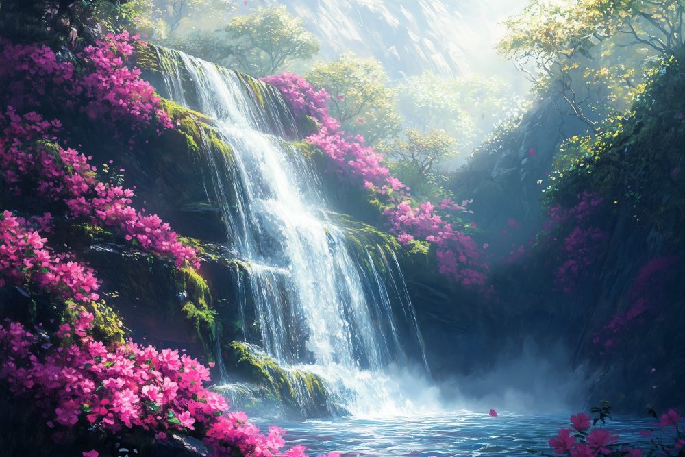 Mossige Waterval Landschapsschilderij behang