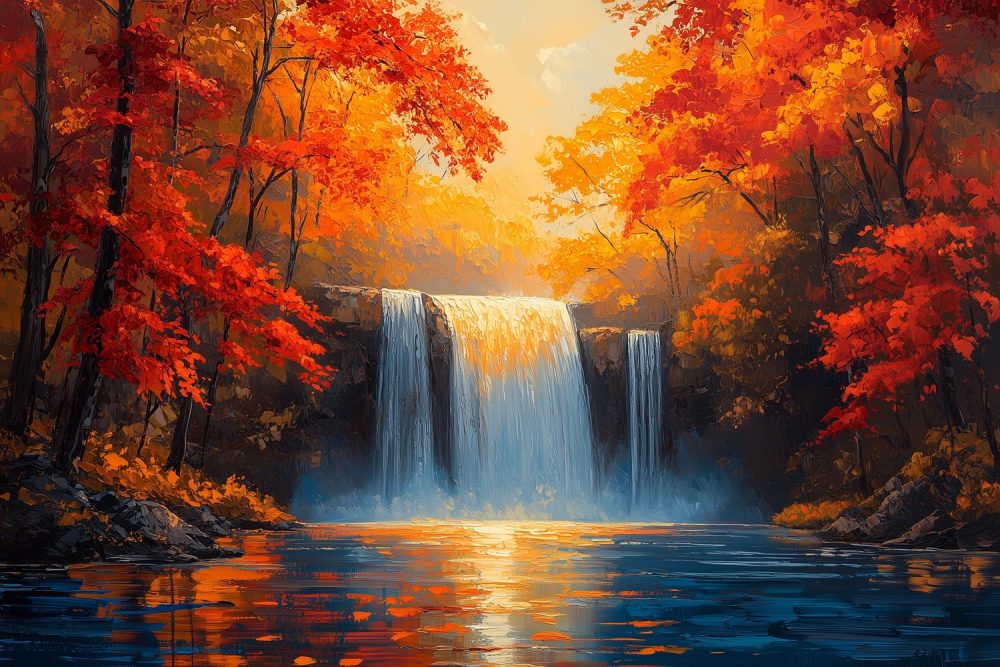 Herfstige waterval in bos behang