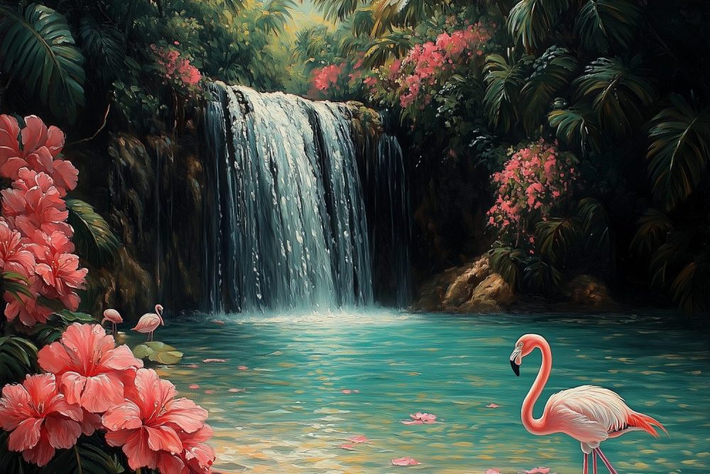 Tropische waterval met flamingo behang