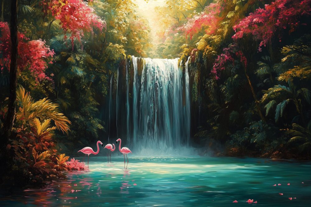 Kleurrijke waterval met flamingo’s behang