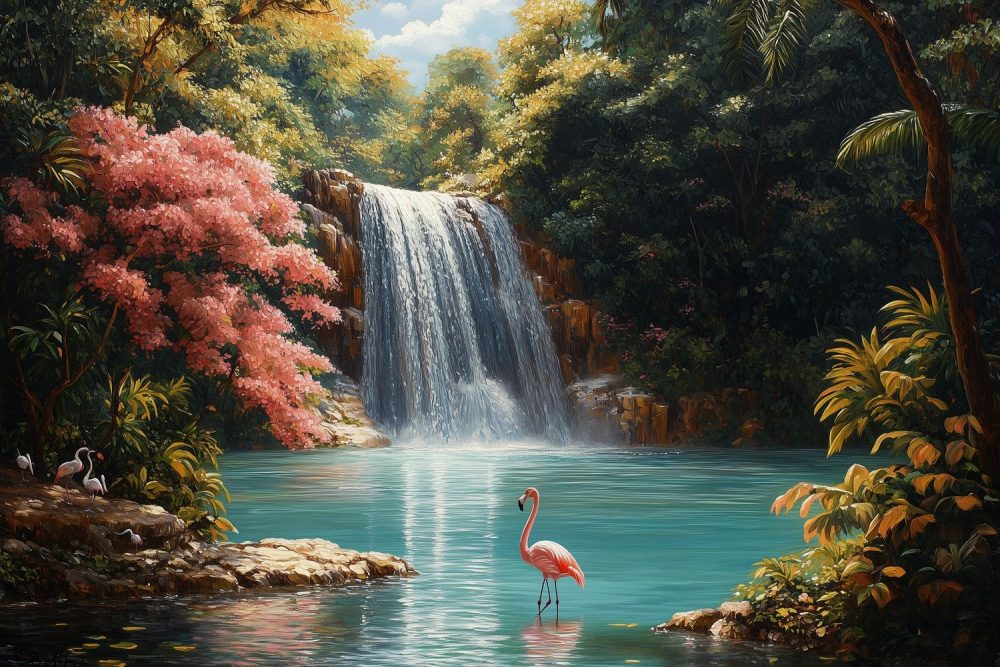 Sierlijke Flamingo bij Waterval behang